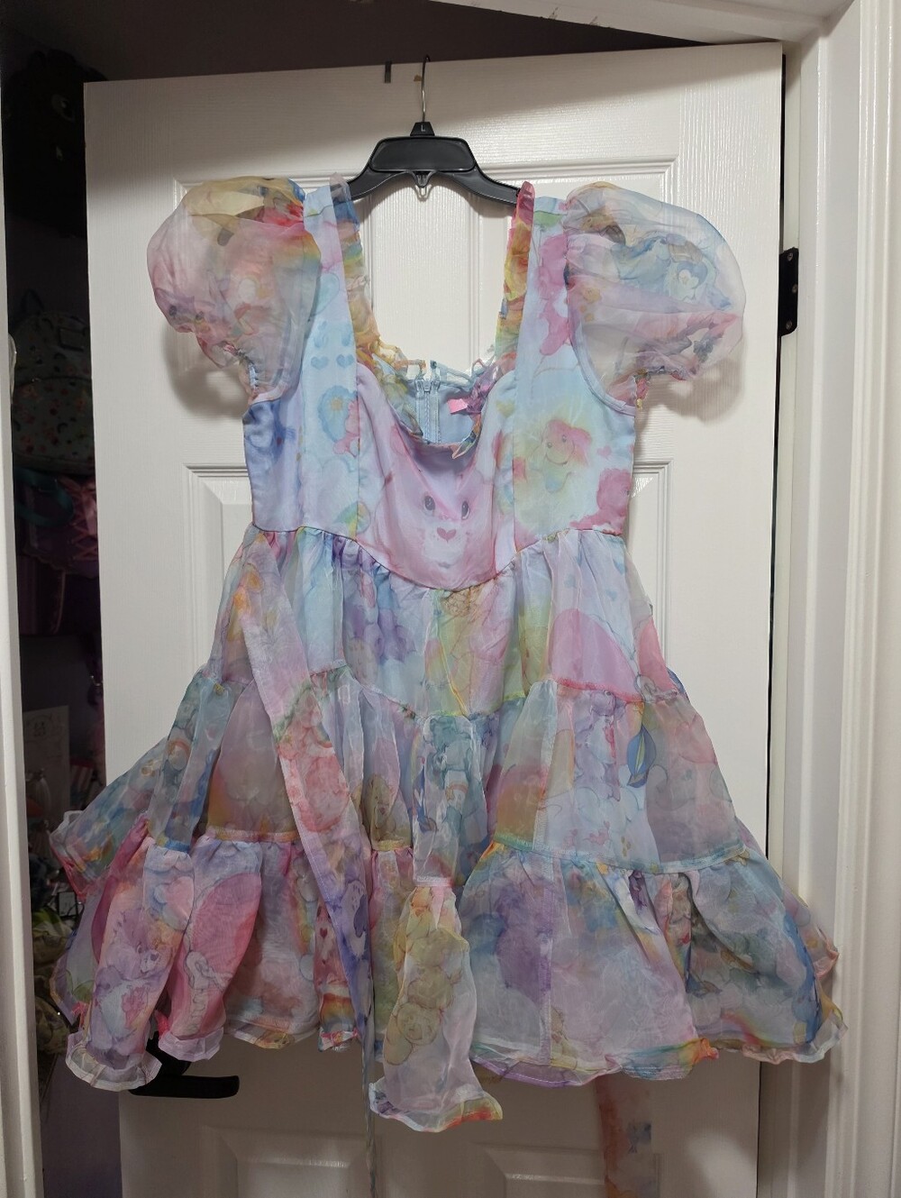 Carebear DOLLSKILL organza Party DreaaPastel Watercolor Puff-Sleeve Tiered Dress